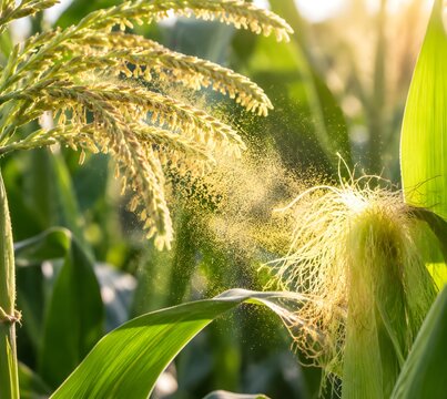 Corn tassels releasing clouds of fine pollen toward neighboring corn silks realistic agricultural cross-pollination