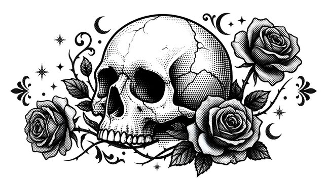 Side profile human skull surrounded by celestial crescent moons stars and blooming roses.