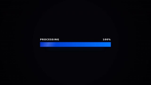 Glowing blue progress bar with a hundred percent completion text on a dark background, concept for successful system update, ideal for software interface design.