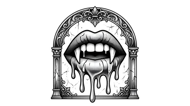 Vampire lips with sharp fangs and dripping fluid inside ornate gothic arch illustration.