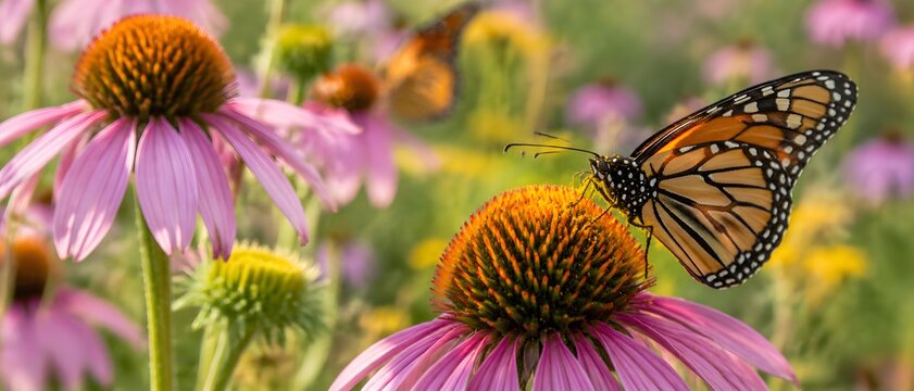 Coneflower disk florets receiving transferred pollen from a butterfly moving through nearby blooms in an authentic prairie garden