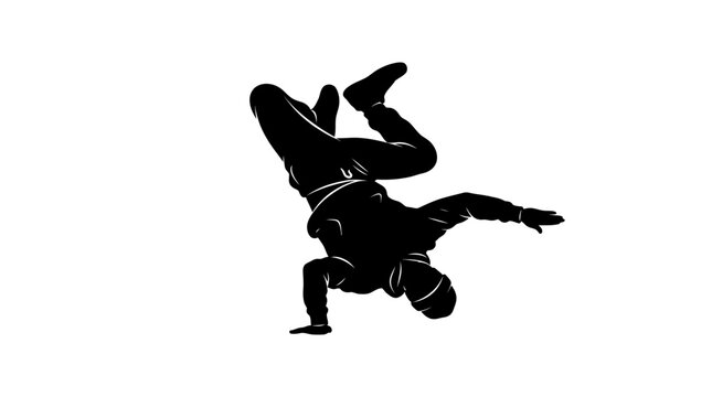 Silhouette of a breakdancer performing a dynamic pose against a white background