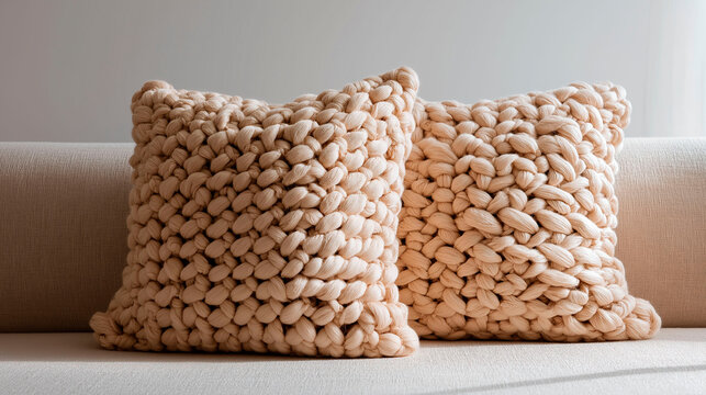 two chunky handmade cushions with oversized yarn texture arranged together on a neutral sofa, cozy concept for textile craft, tactile home decor, interior styling and comfortable living