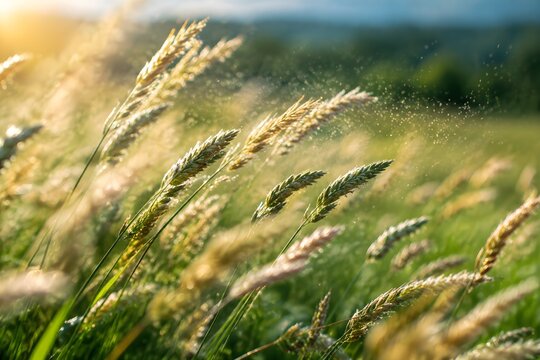 Wild grass seed heads moving together in wind while pollen travels between plants in a natural meadow