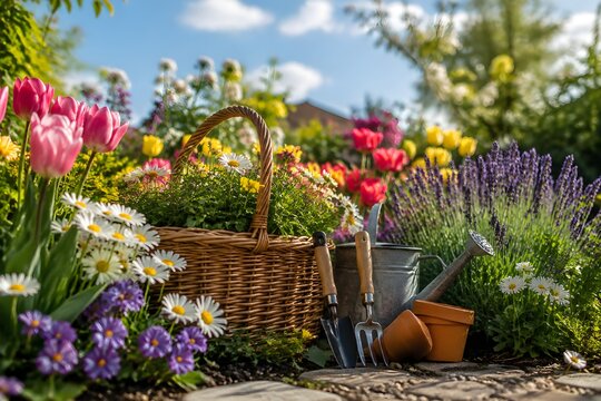 Colorful flower garden with tulips daisies and lavender around a rustic gardening basket and tools