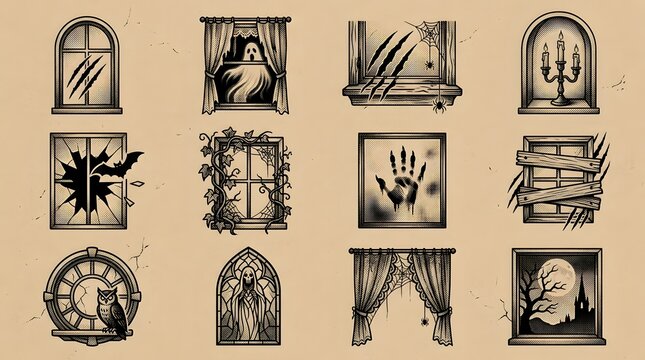 Spooky haunted house window frames with horror elements for mysterious Halloween layouts.