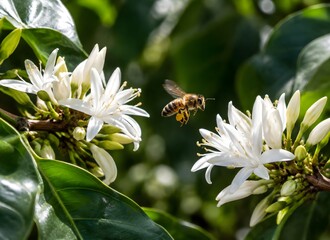 Obraz premium Honeybee flying between two coffee blossoms on neighboring branches with white flowers