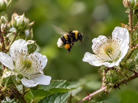 Bumblebee flying between two blackberry blossoms with filled pollen baskets and thorny stems