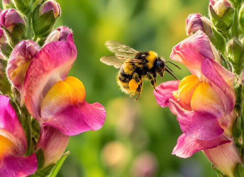 Bumblebee coated in pollen while moving between two snapdragon flowers with realistic floral interaction