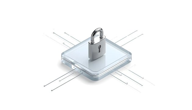 3D isometric render of a metallic lock sitting on a frosted glass circuit tile with thin network connection lines, representing data privacy and cloud security