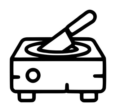 Heavy wooden chopping block with concentric rings and a cleaver knife stuck inside its top surface supported by small square feet, bold black outline vector icon on a plain white background