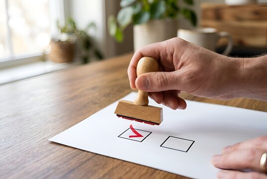 Close up of a hand pressing a wooden rubber stamp to create a red checkmark on a blank document for quality control compliance posters.