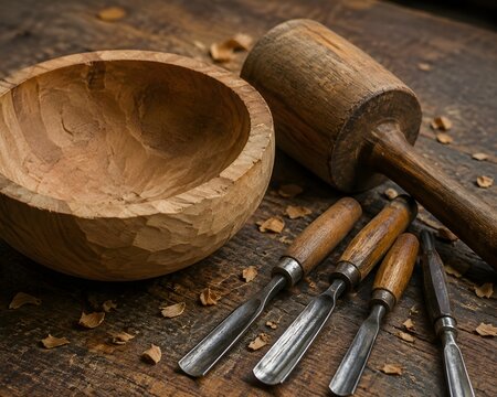 Traditional mallet and chisels arranged beside a partially carved wooden bowl on a workshop bench
