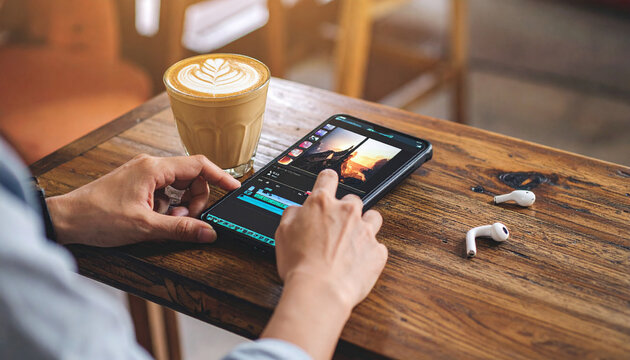 A creative professional edits highquality video content on a mobile device in a cozy cafe. This artistic workspace scene evokes focus and modern productivity with a warm cup of coffee nearby.