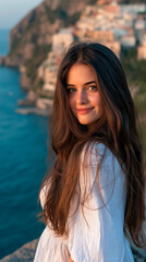 Fototapeta premium smiling young woman looks at camera beside the sea in warm sunset light, concept of travel, tourism, summer vacation, natural beauty, lifestyle and coastal destination