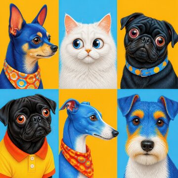 Children's Cartoon Vibrant pixel art portraits of pets with expressive eyes