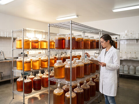 Female scientist inspecting kombucha fermentation jars in a laboratory, monitoring brewing process with a digital refractometer and clipboard.
