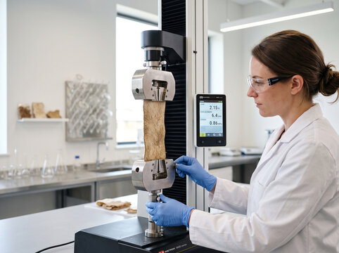 Female scientist in white lab coat and blue gloves conducting material tensile strength testing with sample specimen in modern industrial laboratory facility