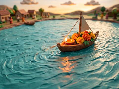 Miniature clay art diorama of a wooden toy boat with a burning candle and marigold flowers floating on a textured teal water pond at sunset