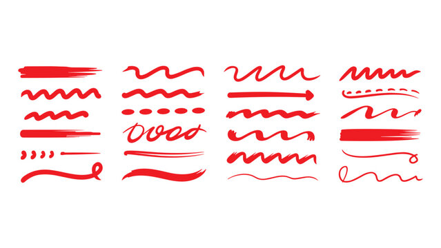 A comprehensive collection of handdrawn red brush strokes and ink underlines featuring various wavy lines dashed marks and artistic accent doodles