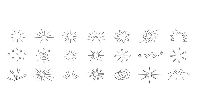 A comprehensive collection of various hand drawn doodle style starburst sunburst explosion and sparkle icons isolated on a plain background