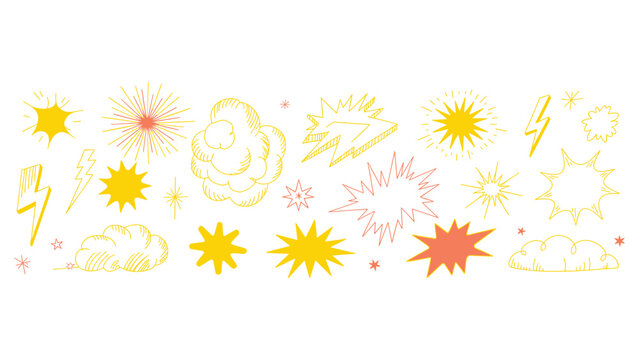 A set of handdrawn comic book explosion speech bubbles and weather elements in yellow and orange isolated on white background
