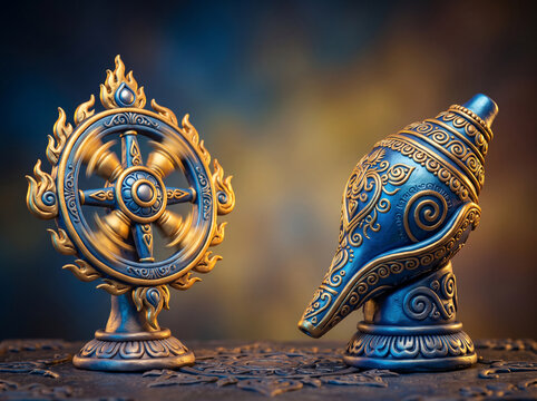 Ornate Buddhist Dharmachakra wheel of law and ritual conch shell on decorative surface, representing spiritual awakening and Buddhist philosophy in a serene setting