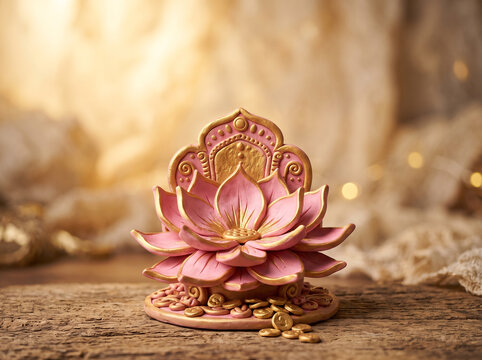 Pink lotus flower sculpture with gold accents and coins on a wooden table, Diwali festival decor and wealth concept