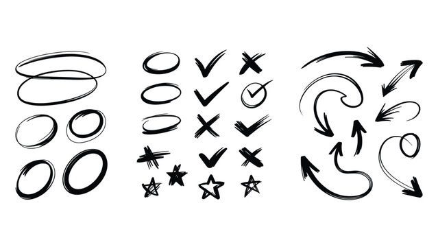 Handdrawn doodle elements collection featuring circles checkmarks crossmarks stars and various curved arrows for highlighting and emphasizing important text and information