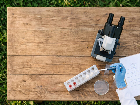 Scientist in lab coat and blue gloves using a pipette to test samples in a test tube rack on a wooden table with a microscope