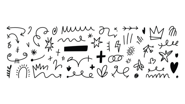 Handdrawn doodle elements collection featuring various arrows shapes hearts stars lines crosses and abstract symbols on a clean white background isolated