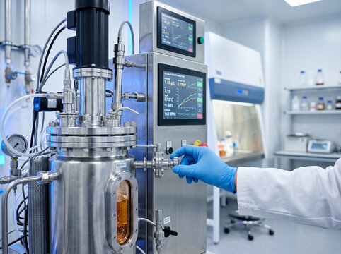 Scientist in lab coat with blue gloves operating a laboratory bioreactor and fermentation system for biotechnology and pharmaceutical research