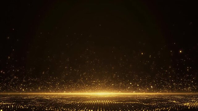 Luxurious golden particles glowing and floating above lower edge of deep black background