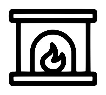 Traditional domestic hearth featuring a broad top mantel shelf and low base plinth framing an arched firebox with curling flames, graphic vector icon isolated on a plain white background