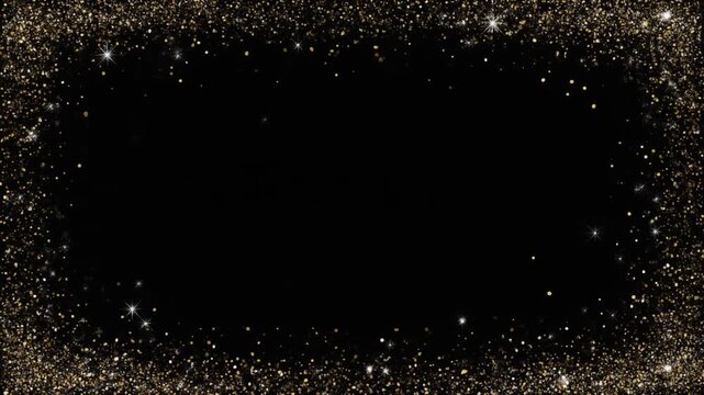 Fine white and pale gold sparkling particles twinkling around outer edges of pure black background