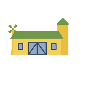 Cartoon barn with windmill and silo