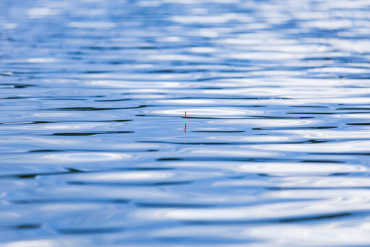 Fishing float on rippled blue water surface for outdoor recreation concept