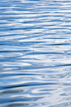 Fishing float floating on calm blue water surface during outdoor activity