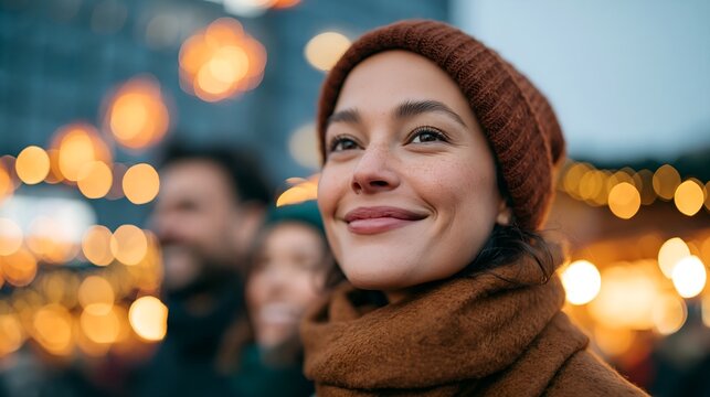 Joyful woman in winter attire enjoying evening lights with friends