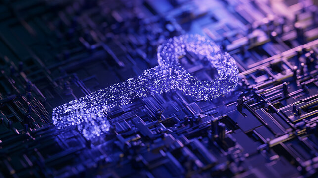 Glowing cryptographic digital key floating above an abstract blockchain matrix, symbolizing secure digital identity and authentication technology.