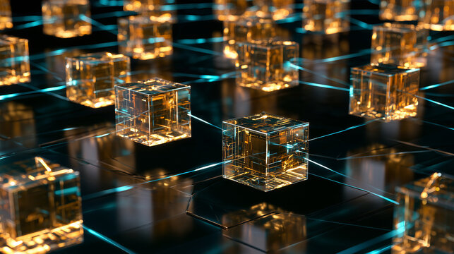 Glowing 3D cubic blocks connected by luminous data beams, visualizing decentralized blockchain architecture and distributed ledger technology.