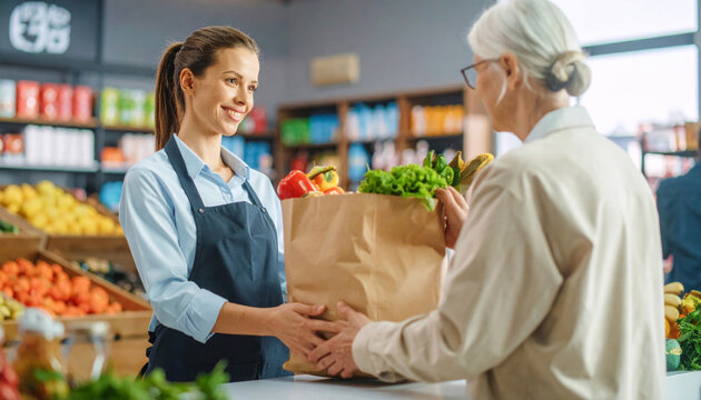 Grocery store worker handing shopping bag to senior customer