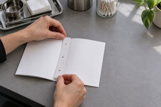 Binder hands position a narrow piercing template with three holes inside the center fold of a blank pamphlet before using tools at a bookbinding workshop station with open tabletop space