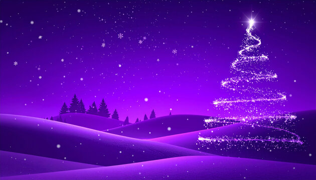 Sparkling christmas tree in purple winter night landscape