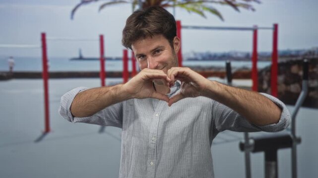 Young man smiles and forms heart with hands in an outdoor gym by the waterfront fitness bars and red pullup frame; affection warmth.