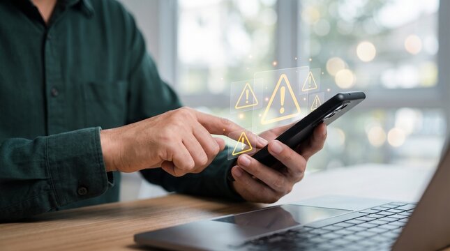 Man using smartphone with digital hologram warning notification system alert cyber security and error symbol