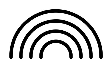 Obraz premium Symmetrical rainbow formed by four concentric smooth curved arch bands across an empty sky, clean contour line art vector icon isolated on a pure white background for weather graphics