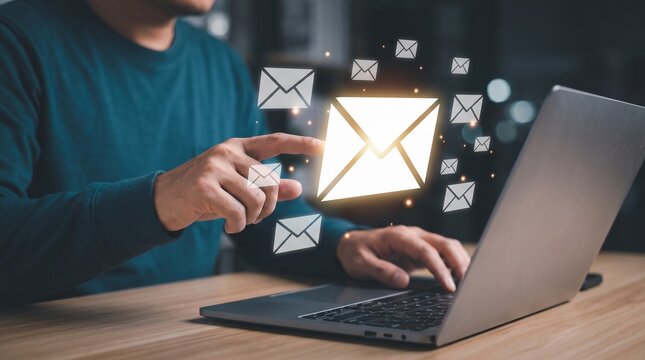 Businessman working on laptop with virtual email icons, managing online marketing campaign and digital correspondence