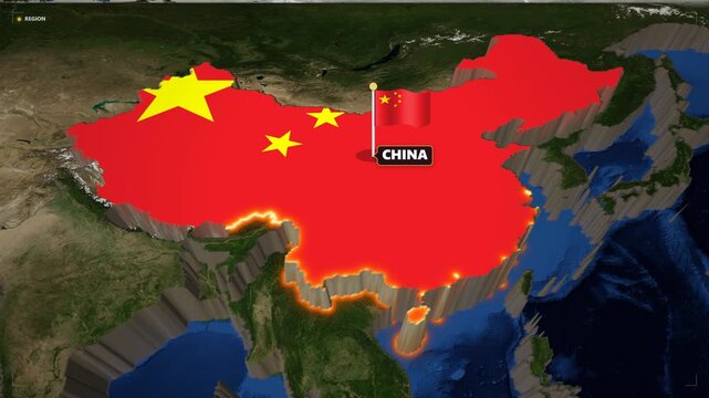 3D animated map of asia highlighting china and india with national flags and borders for geopolitical news and presentation