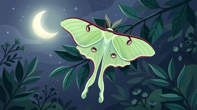 A beautiful luna moth resting on a branch at night under the crescent moon.